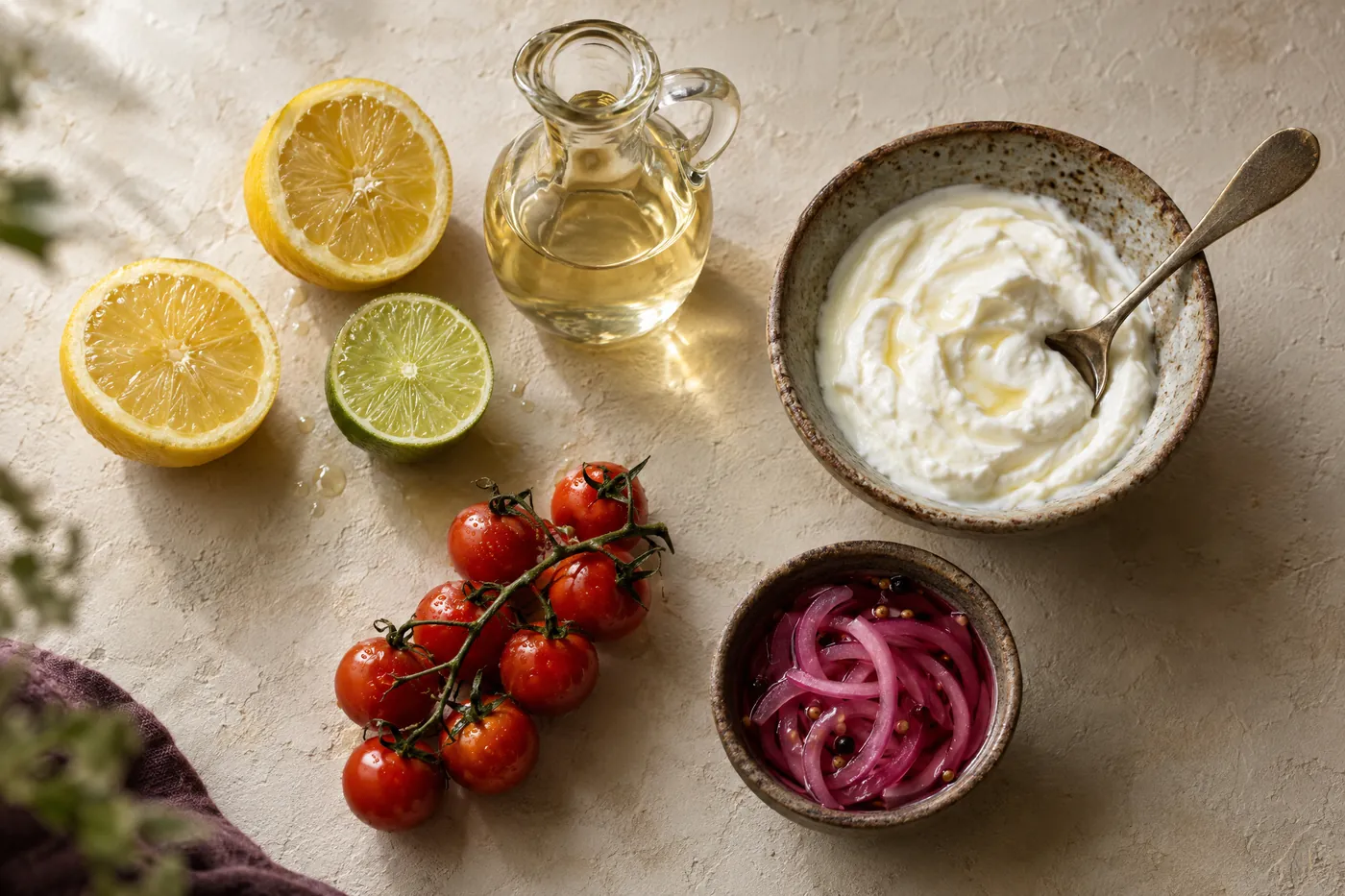Acidic cooking ingredients laid out together: halved lemons and a lime, a glass cruet of vinegar, a bowl of thick yogurt, cherry tomatoes on the vine and a dish of pickled red onion.