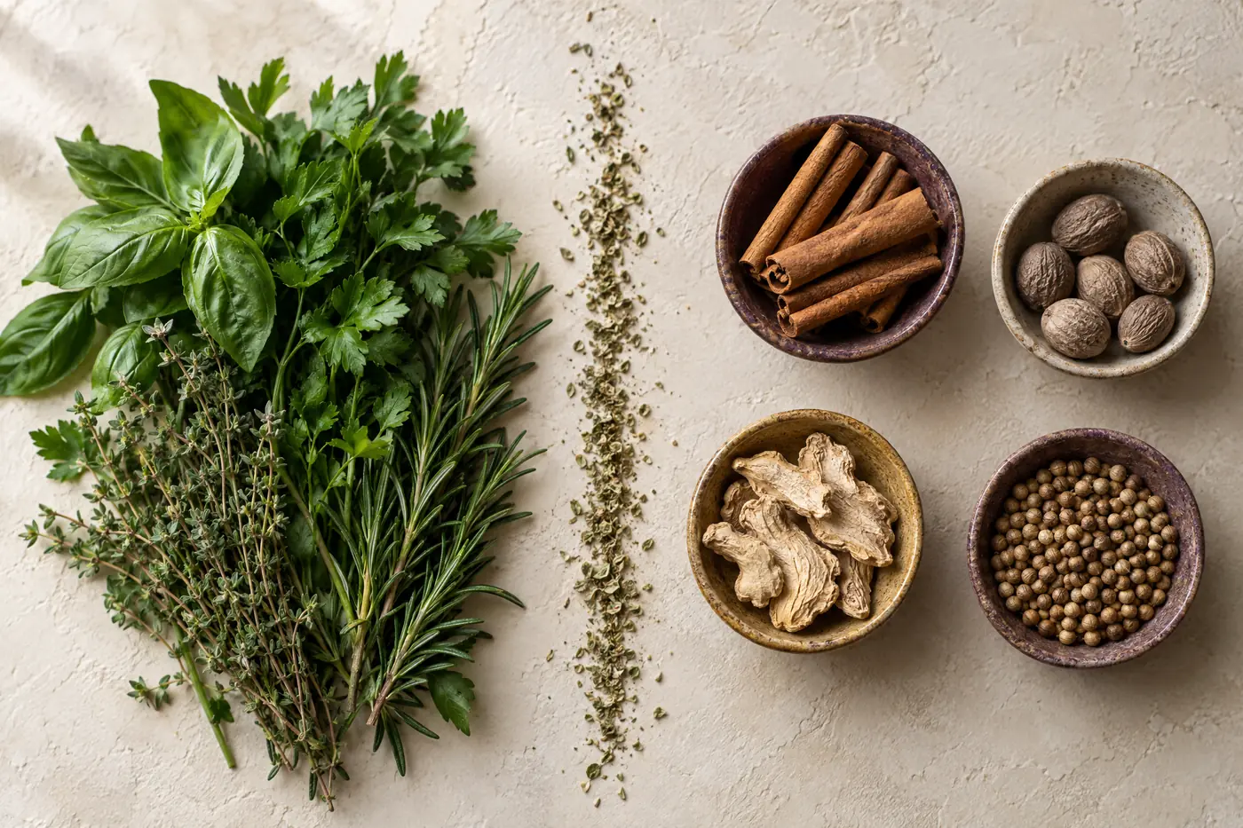 Herbs vs spices side by side: fresh basil, parsley, thyme and rosemary on the left, bowls of cinnamon sticks, whole nutmeg, dried ginger root and coriander seeds on the right, divided by a line of dried oregano.