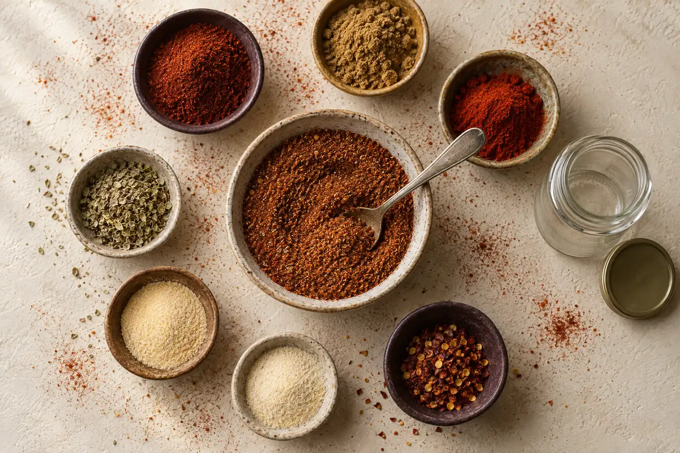 A bowl of mixed rust-red taco seasoning with a spoon in it, ringed by small bowls of chilli powder, ground cumin, smoked paprika, dried oregano, garlic powder, onion powder and red pepper flakes, with an empty jar beside them.