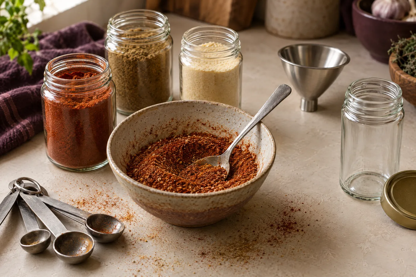 A ceramic bowl of freshly mixed red spice blend with a spoon in it, beside open jars of paprika, cumin and garlic powder, measuring spoons, a funnel and an empty jar ready to fill.