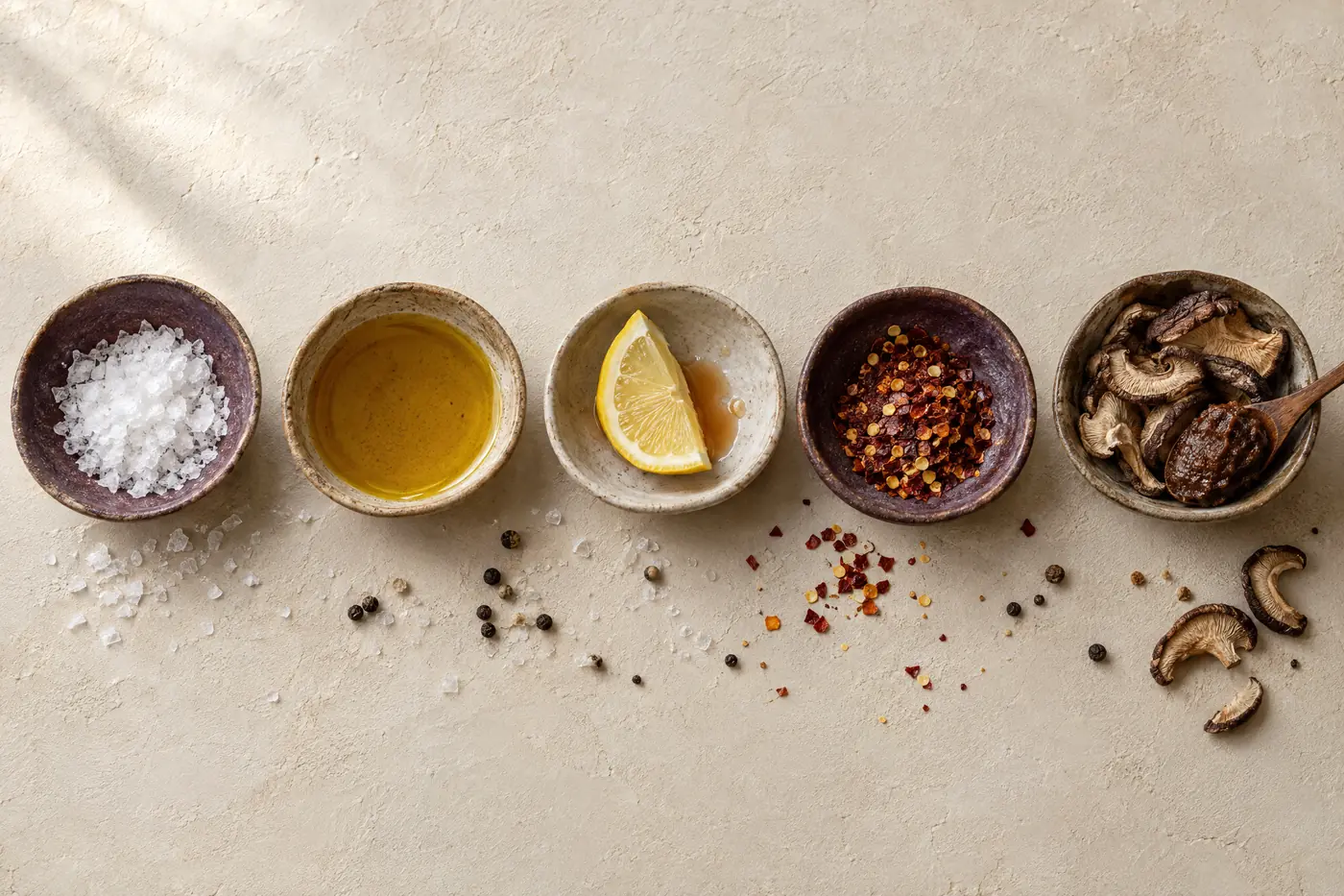 The five seasoning basics in a row: flaky sea salt, golden olive oil, a lemon wedge with vinegar, dried red chilli flakes, and shiitake mushrooms with dark miso paste.