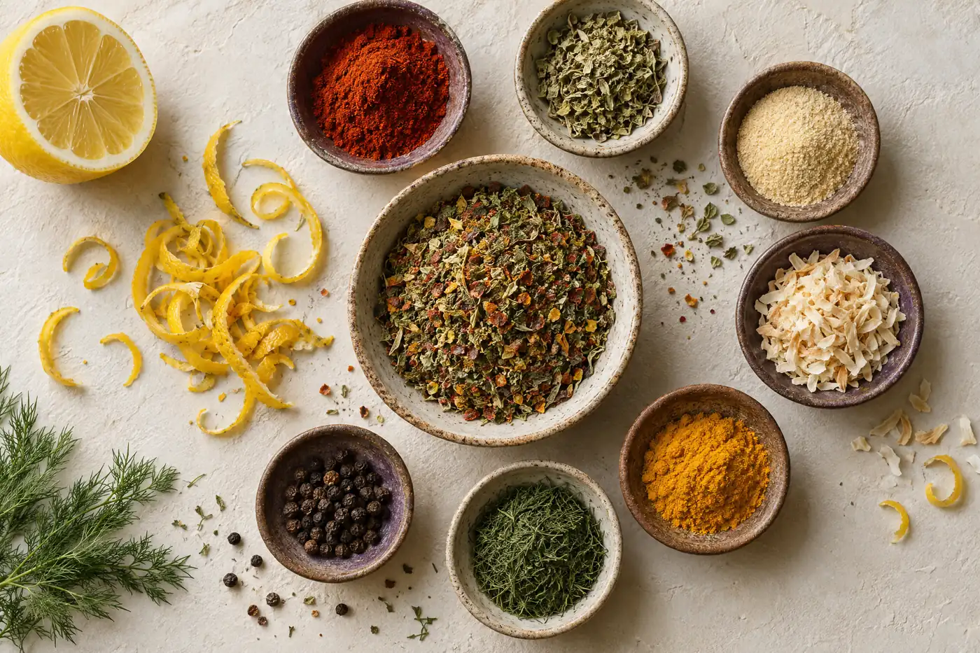 A bowl of green and red salt-free seasoning blend surrounded by lemon zest curls, smoked paprika, dried oregano, garlic powder, onion flakes, turmeric, dried dill and black peppercorns. No salt in the picture.