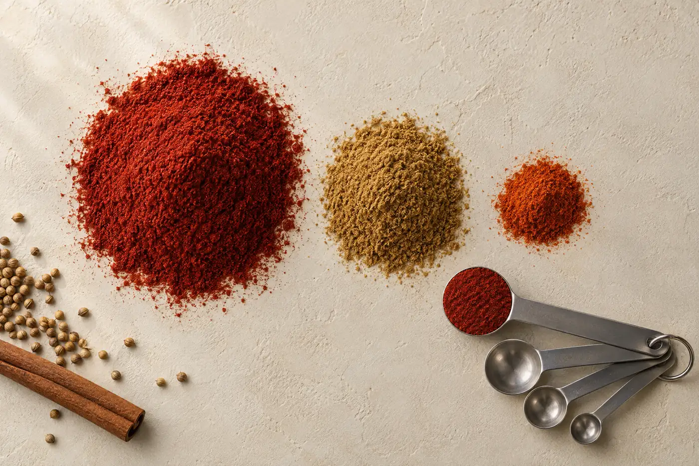Three mounds of ground spice in decreasing size: a large mound of paprika, a medium mound of cumin and a small mound of cayenne, with measuring spoons alongside.