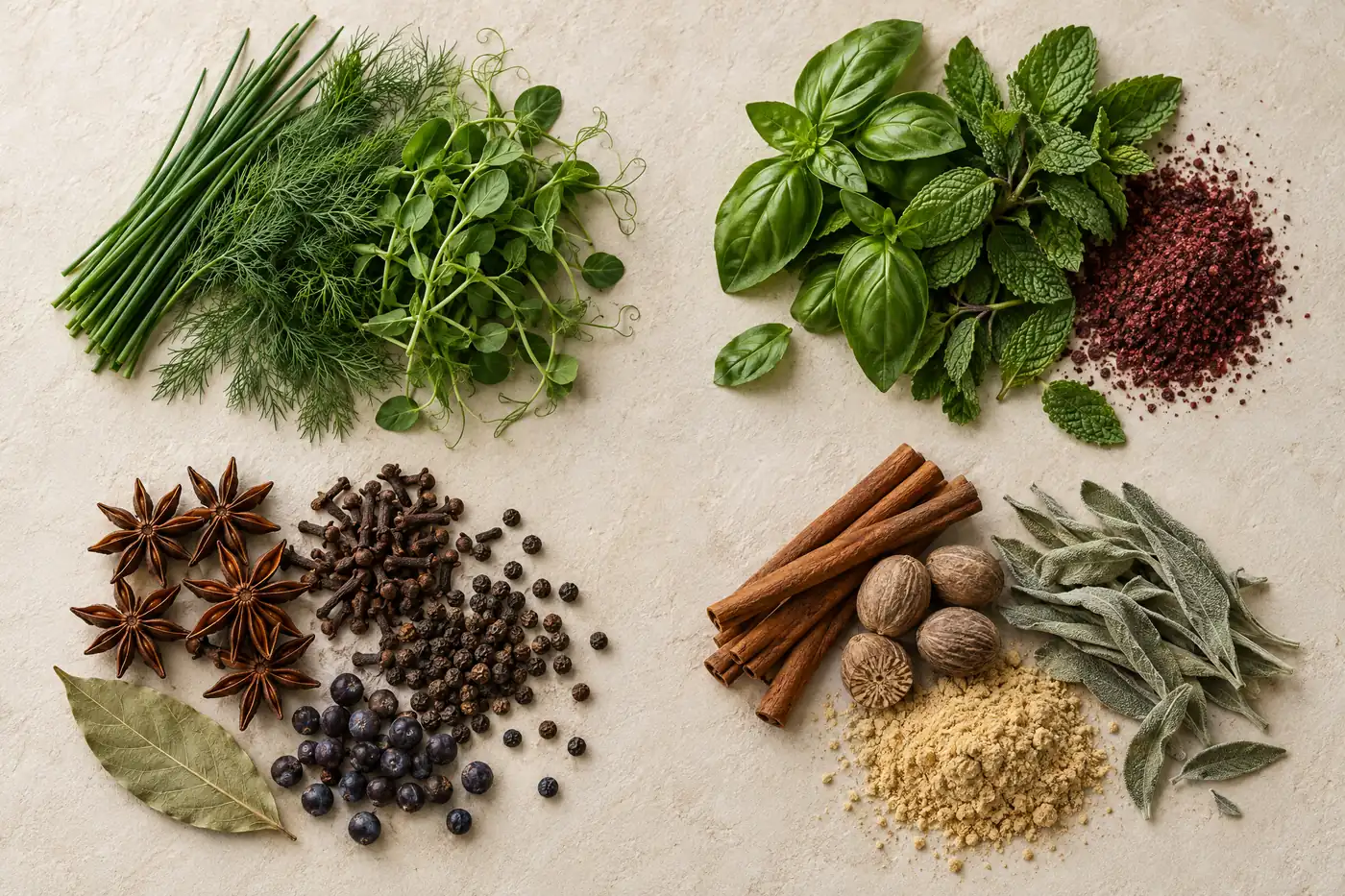 Seasonal spices in four groups: spring chives, dill and pea shoots; summer basil, mint and sumac; autumn cinnamon, nutmeg, sage and ground ginger; winter star anise, cloves, peppercorns, juniper and bay.