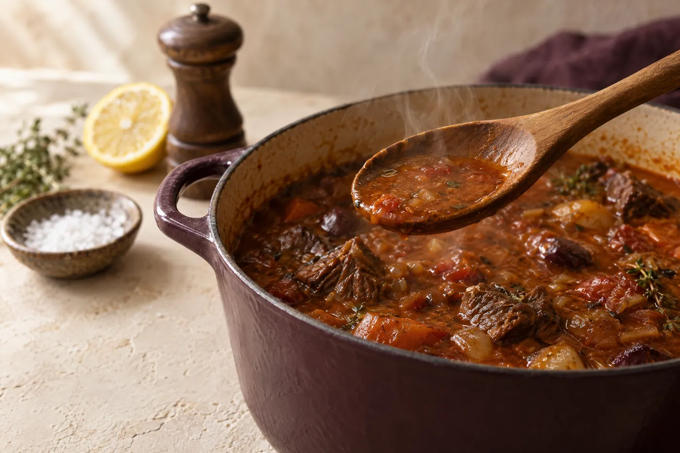 Adjusting seasoning as you cook: a wooden spoon of steaming stew held above the pot, with flaky salt, a halved lemon and a pepper mill on the counter behind.