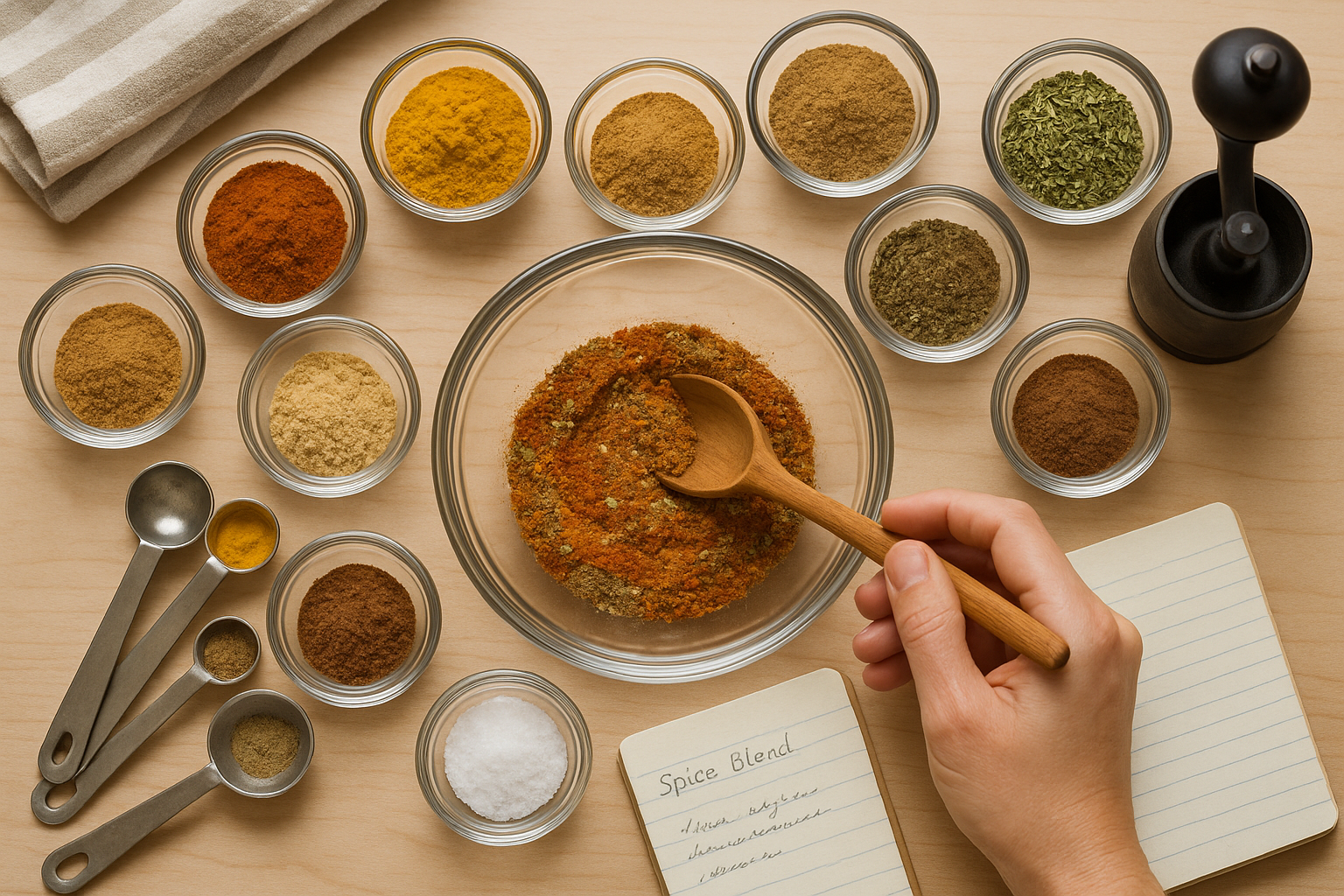 Overhead view of a home kitchen counter with a glass bowl of mixed spices, surrounded by jars of colorful spices, measuring spoons, and a notepad for blending recipes