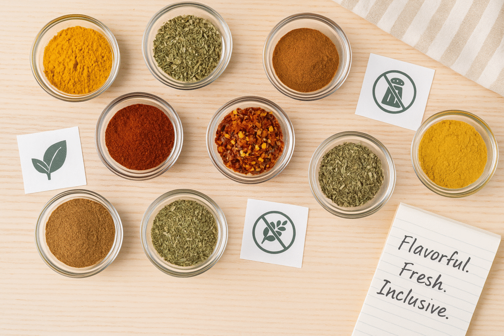 Overhead view of nine glass bowls filled with colorful spices and herbs, with vegan, gluten-free, and low-sodium icons, celebrating inclusive seasoning for special diets.