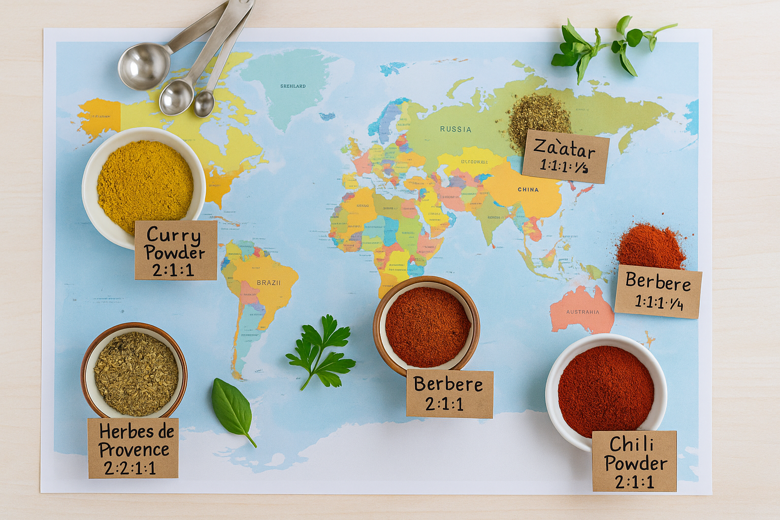 Overhead view of a world map on a table with bowls of curry powder, za’atar, herbes de Provence, chili powder, and berbere placed on their regions of origin. Each blend is labeled with its name and signature ratio.