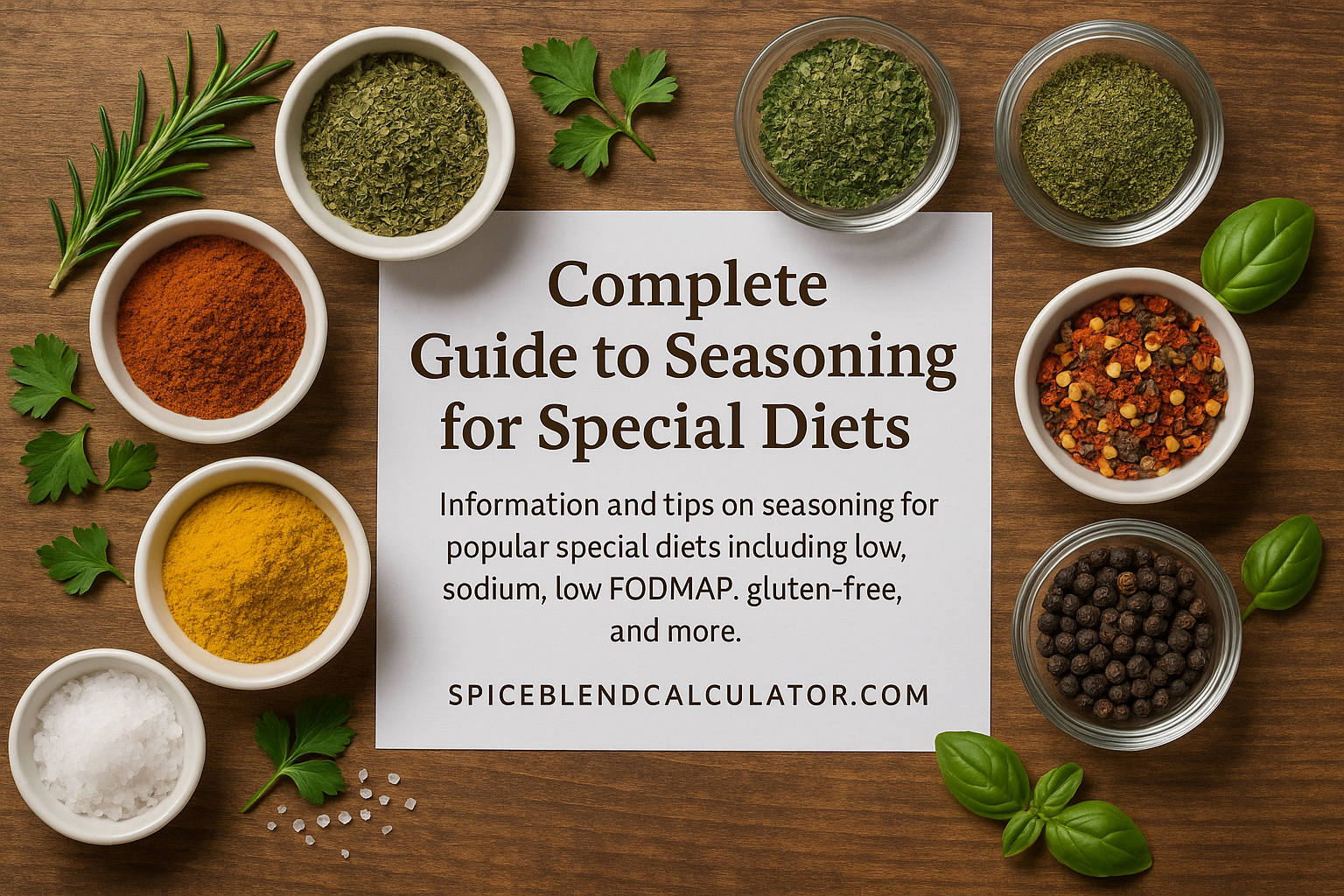 Assorted spices and herbs arranged around a guide titled 'Complete Guide to Seasoning for Special Diets' on a wooden table